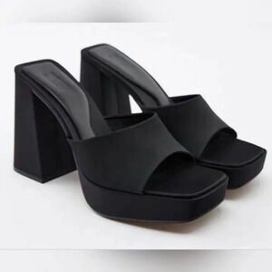 ZARA Y2K Black Satin Leather Square Toe Platform Heels Sz 7.5/ 8 US/38 Eu